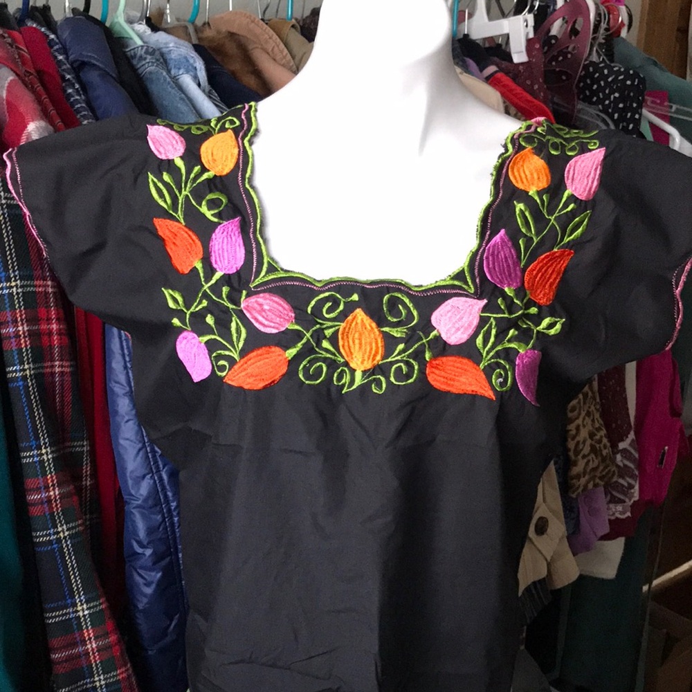 Mexican Embroidered Black Blouse with Colorful Floral Design